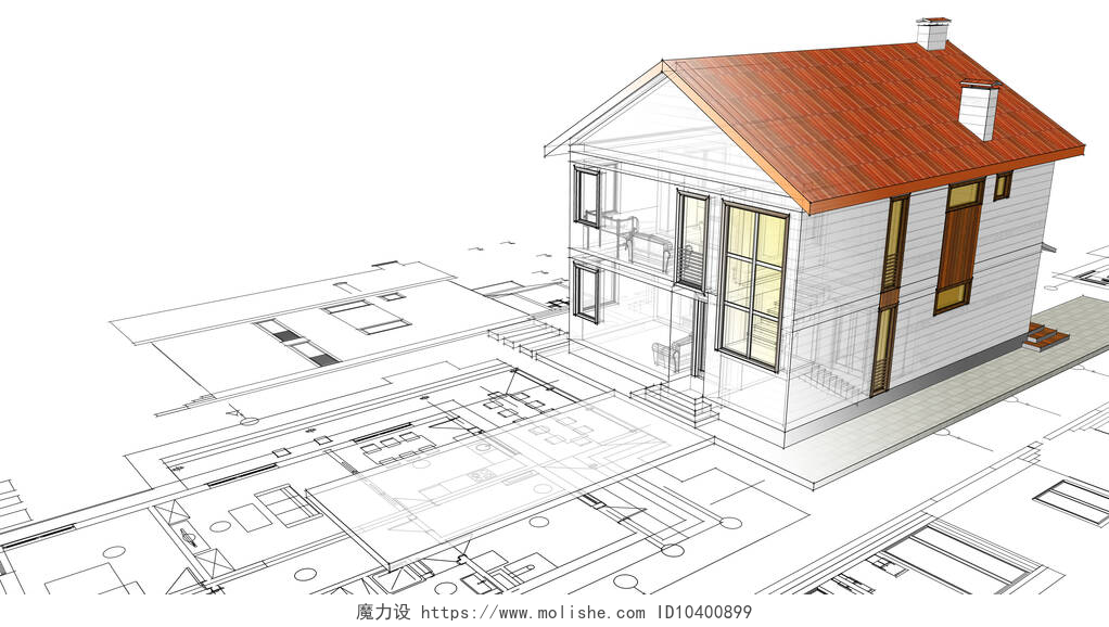 现代传统的3D草图传统现代房屋草图3D插图